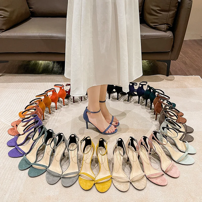 

18 Color Suede Flat Belt Sandals 2021 New Women's Summer Thin Heels Comfortable Design Temperament Black High Heels