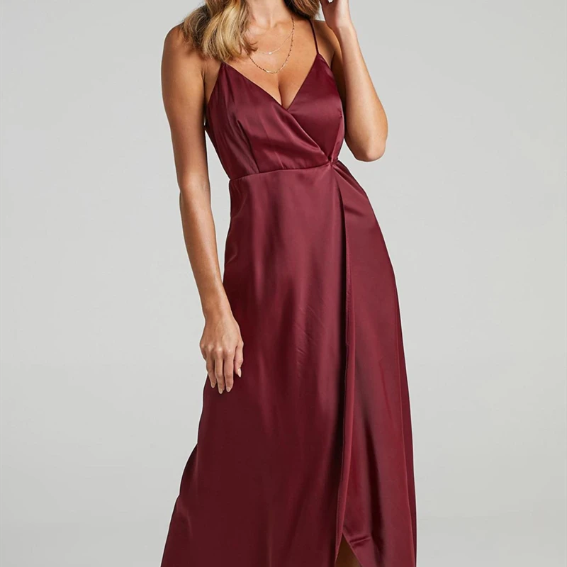 

2022 Summer Spaghetti Straps V Neck Backless Dresses For Women Sleeveless Satin Party Sexy Vestidos