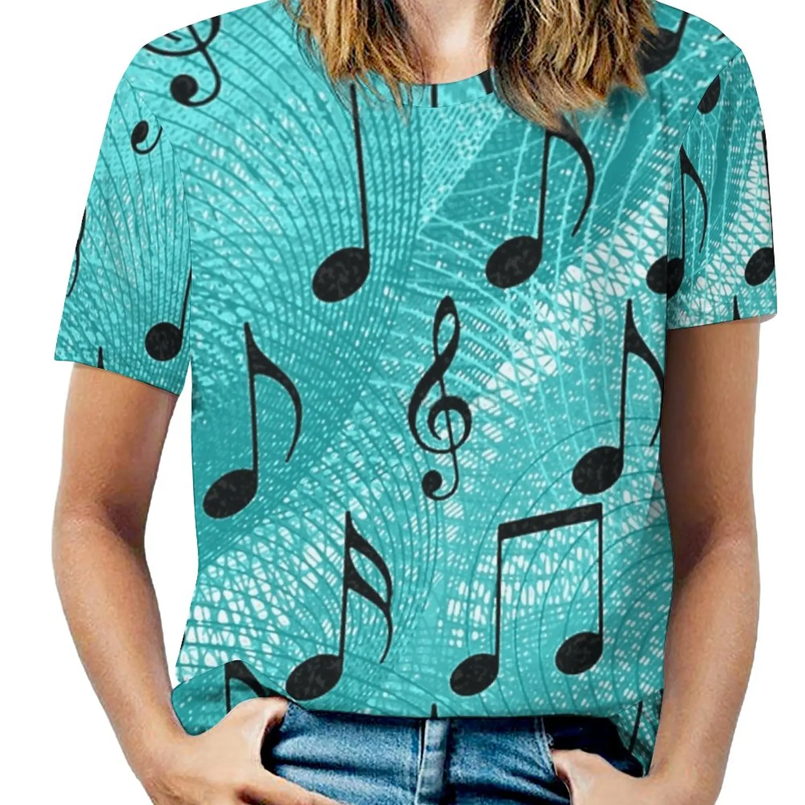 

Music Notes Woman'S T-Shirt Spring And Summer Printed T Shirts Crew Neck Pullover Top Music Music Notes Musical Notes Pattern