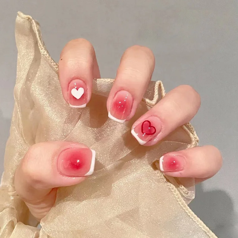 

Short Square Coffin False Nails Pink Gradient Wearable Leopard Print Heart Decorative Press On Nails Fashion Girl Manicure Tips