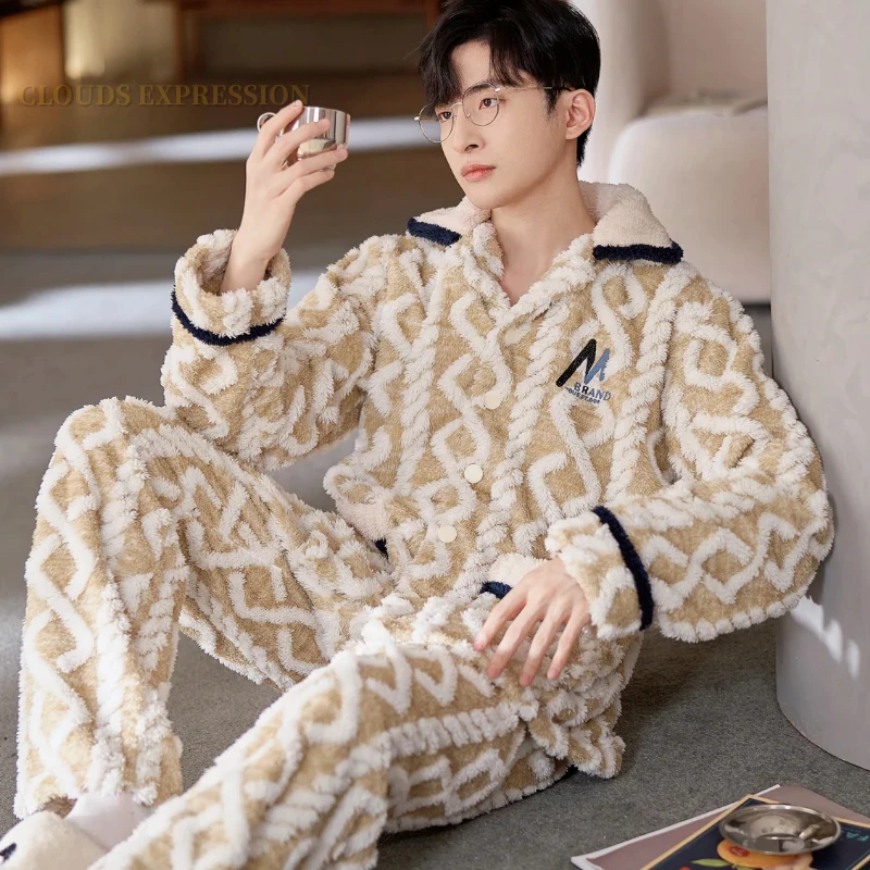 Осенне-зимняя одежда для сна Shu из бархата Мужские пижамные комплекты мужские