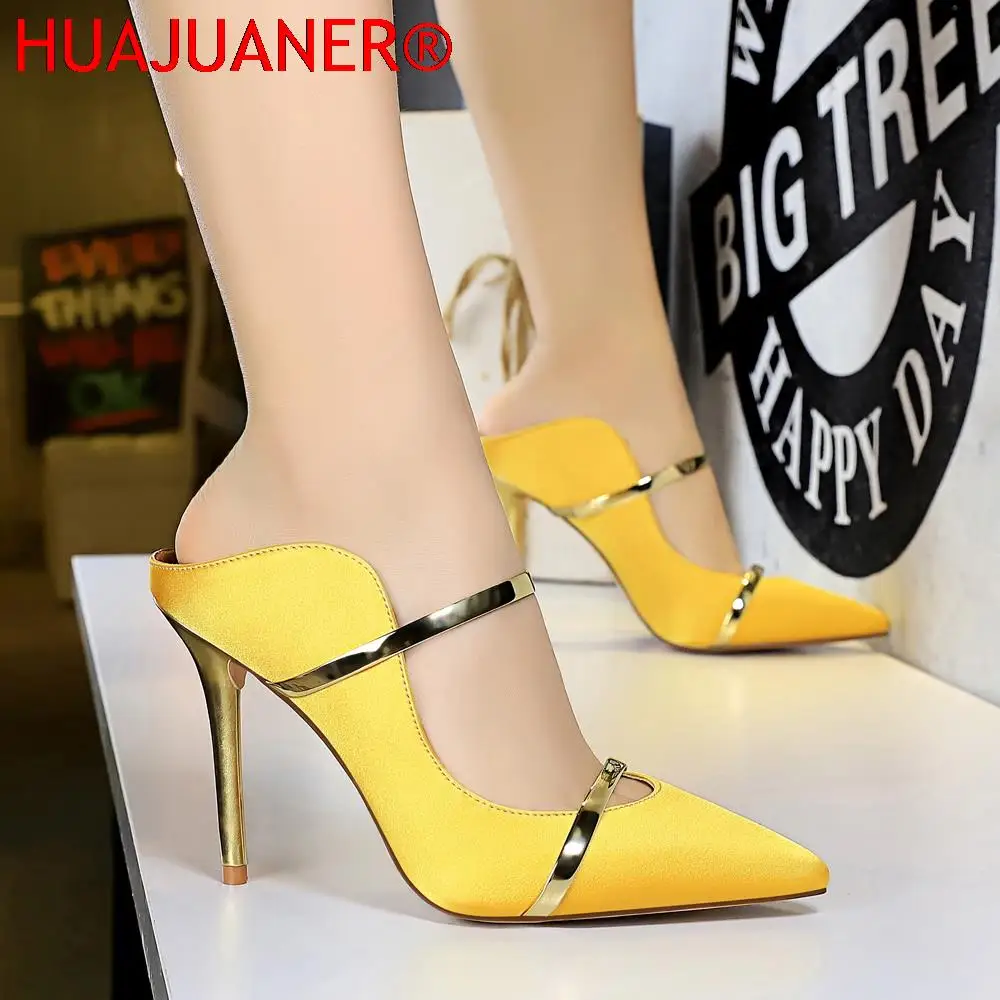 

Шлепанцы HUAJUANER женские на высоком каблуке 10 см, сланцы, модные летние мюли, атласные тапочки, желтые сандалии, шелковые туфли-лодочки, 2022