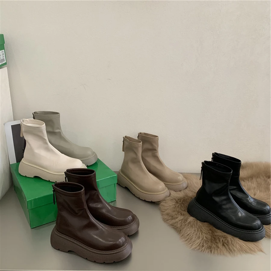 

Женские ботинки на молнии, Осенние белые однотонные ботильоны из искусственной кожи в римском стиле, на среднем каблуке, с круглым носком, о...