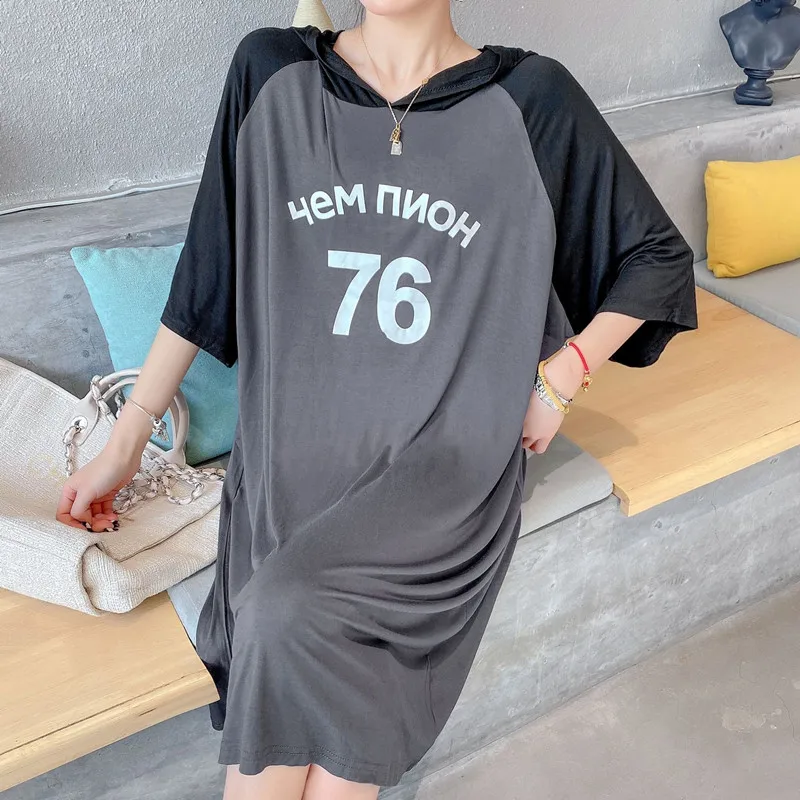 

Fdfklak Fashion Letter Print Nightgowns For Women Loose Modal Night Dress Hooded Ladie's Sleepwear Nightshirt Vestidos Mujer