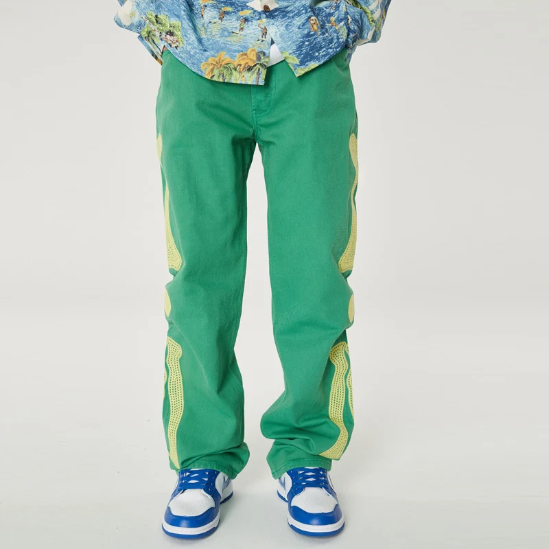 Japanese Fashion Brand Kapital Hiroda Hiroshi Bone Embroidery Trend Versatile Loose Casual Pants Jeans Male Retro Green Trousers
