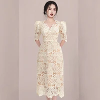 womens new summer korean style high end temperament lace v neck short sleeve waist cut out water melt flower fashion dress