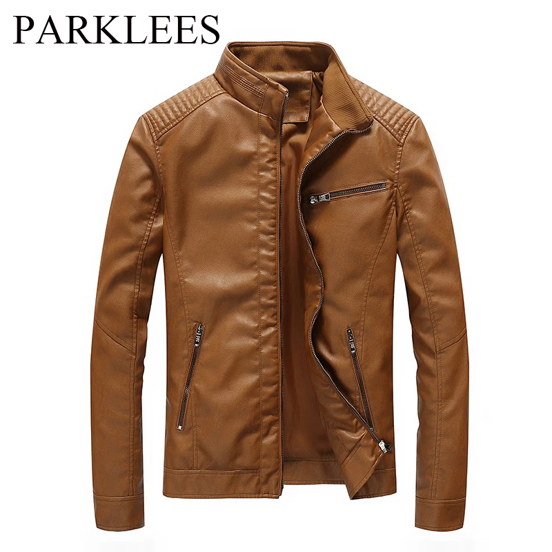 

Parklees Men Retro Brown PU Motorcycle Jacket Autumn New Stand Collar Anti-wind Leather Jacket Stylish Classic Zipper Coat Homme