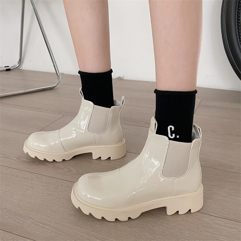New Autumn Winter Chelsea Boots Women Platform Black Beige Ankle Fur Short Chunky Punk Gothic Shoes Platform Shoes Boots Women