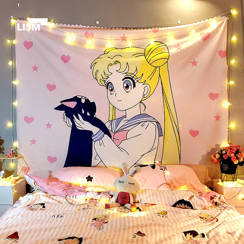 

Anime Kawaii Sailor Moon Tapestry Cute Pink Girl and Black Cat Room Decoration Accessories Dorm Room Bedroom Decor Aesthetic