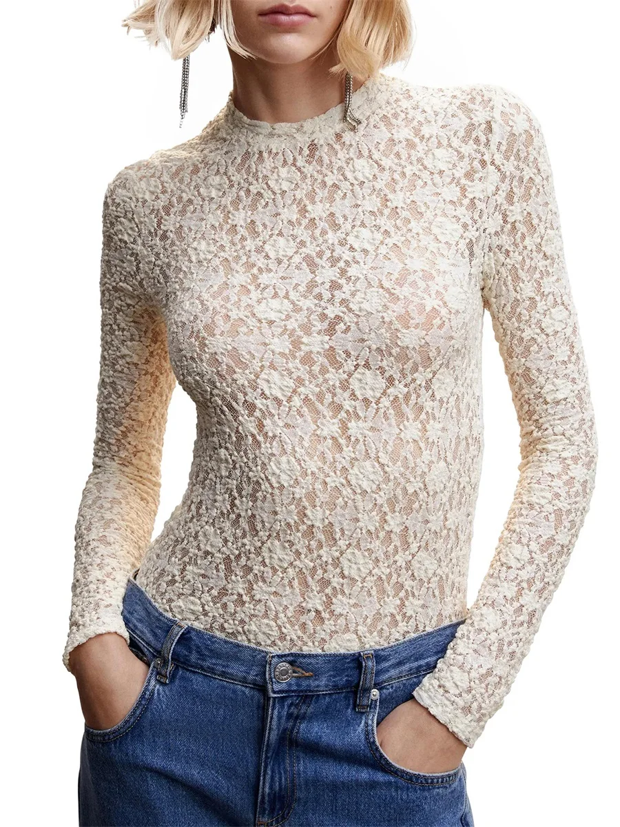 Женские футболки с длинным рукавом полупрозрачные кружевные повседневные