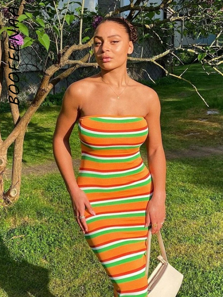 

Летние платья BOOFEENAA для отпуска с полосатым принтом, женская одежда, повседневный сексуальный топ-труба, длинное платье с разрезом, оранжево...