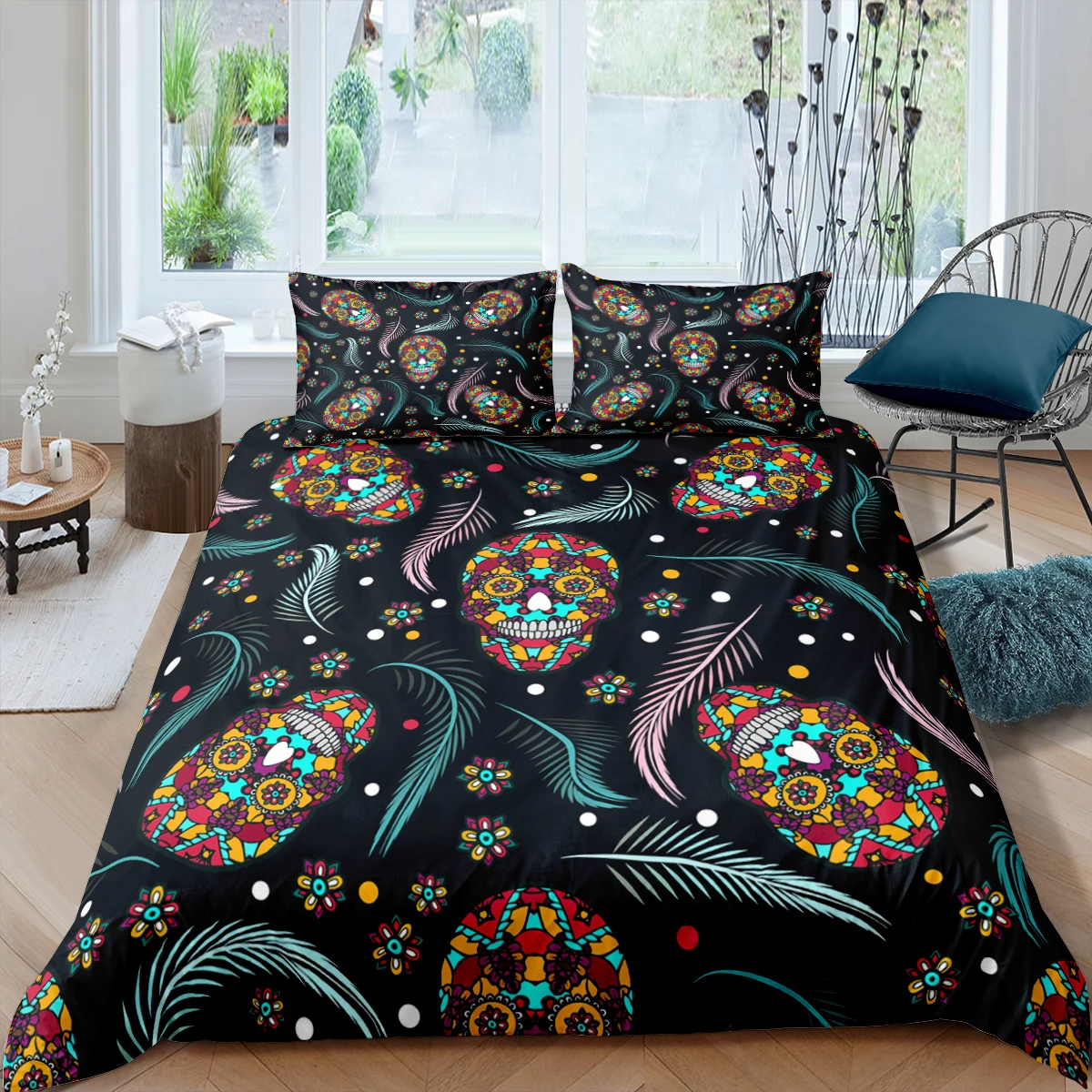 

Роскошный домашний комплект постельного белья с 3d-изображением черепа из сахара, пододеяльник с перьями, наволочка, королевский и Королевский размер, одеяло, постельное белье размера EU/US/AU/UK