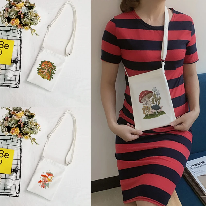 

Холщовая дамская сумочка в виде грибов, модный мессенджер для телефона, ключей, духов, крема для рук, женская сумка на плечо, сумка для хранен...