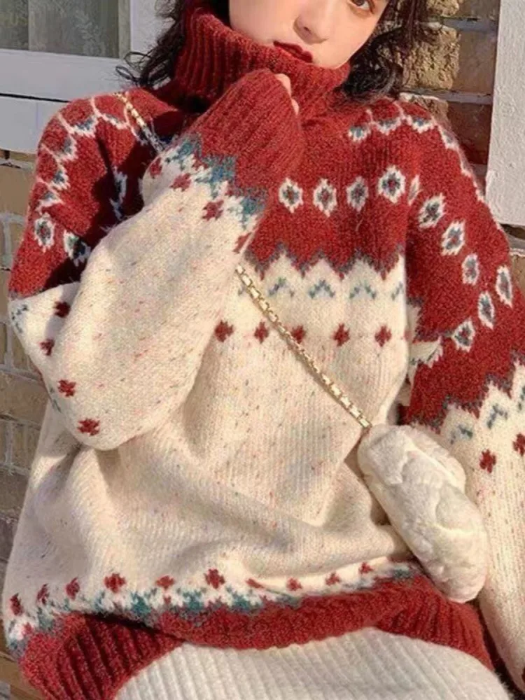 HOUZHOU Harajuku водолазка рождественские свитера женские винтажные трикотажные