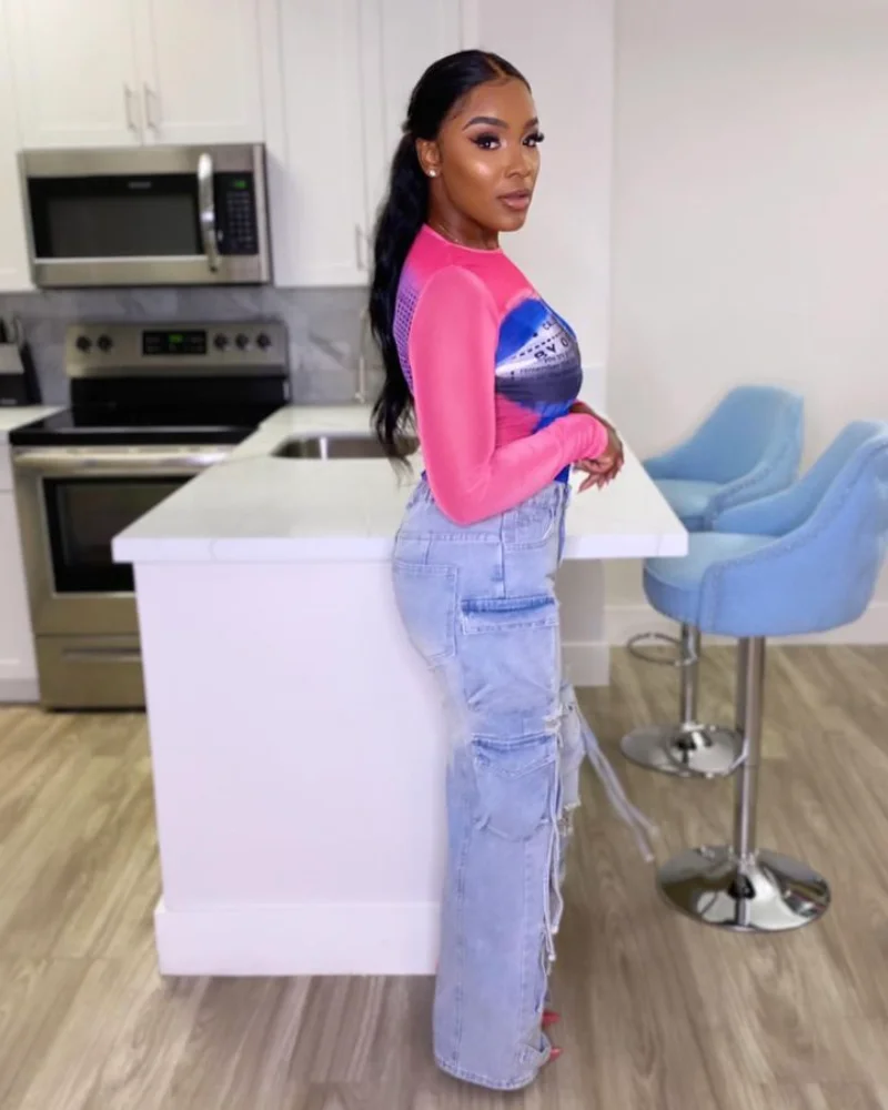 Multi Pockets Jeans Cargo Pants Women High Waist Button Fly Hole Loose Casual Streetwear Retro Fashion Denim Trousers Bottoms