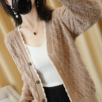 2022 women thin knitted cardigan long sleeve v neck hollow slim single breasted sweater solid color casual short outer jacket
