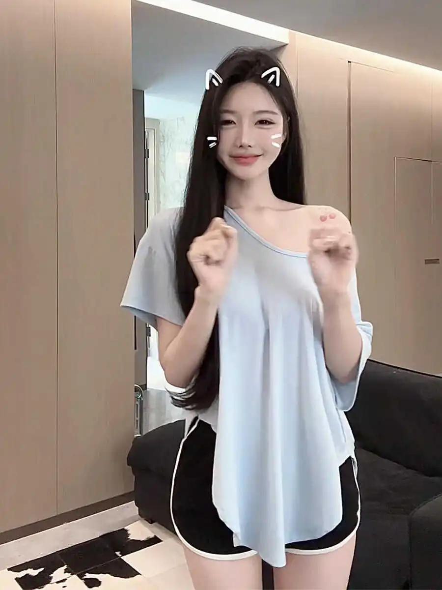 Универсальная Удобная футболка Sle в Корейском стиле с большим вырезом и