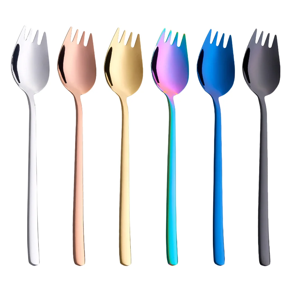 

6 2- in- 1 Stainless Steel Sporks for Everyday Use, Camping Hiking Heavy Duty Flatware Set, 7.47- inch Dinner Forks Soup Spoons