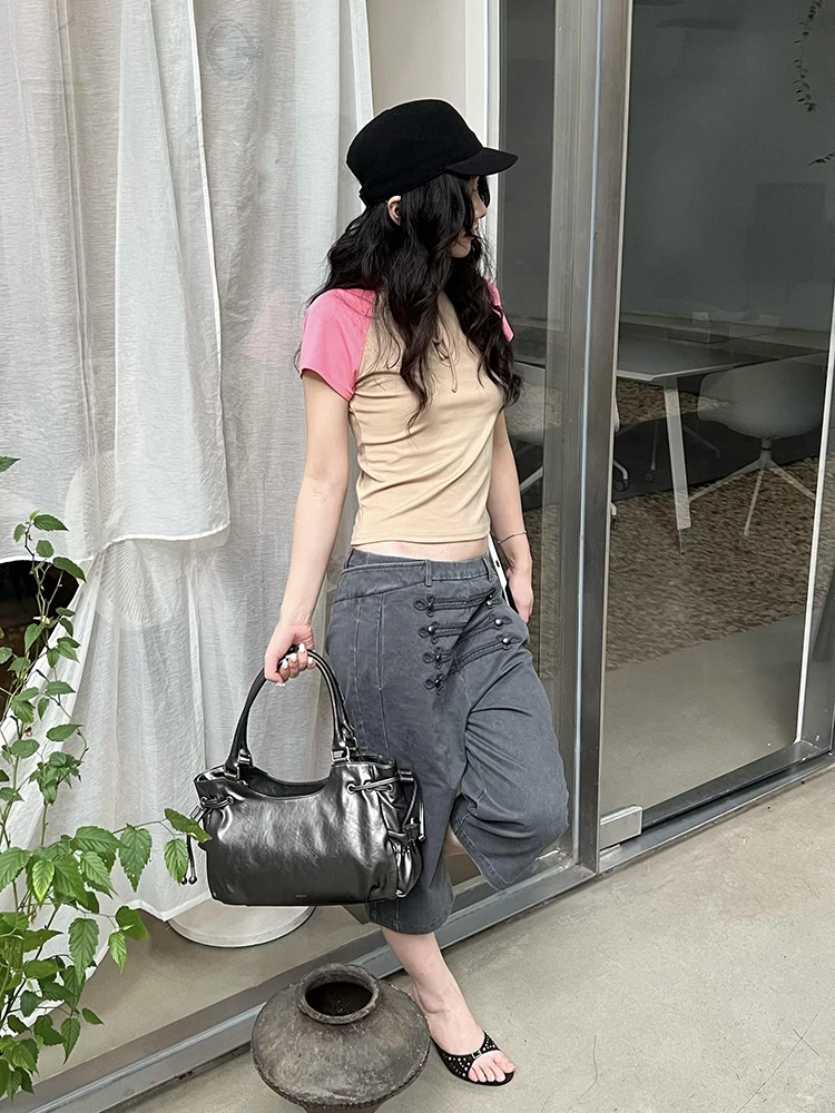 Фото Джинсы ReddaChic Napoleon Capri женские, винтажные, серые, с эффектом потертости, с низкой посадкой, широкие прямые шорты-карго из денима, модная уличная одежда №4