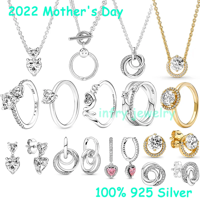 

2022 Mother's Day New 100% 925 Silver Original Logo 1:1 Shiny Double Heart Family Encircled Necklace Ring Earring Set Gift Women