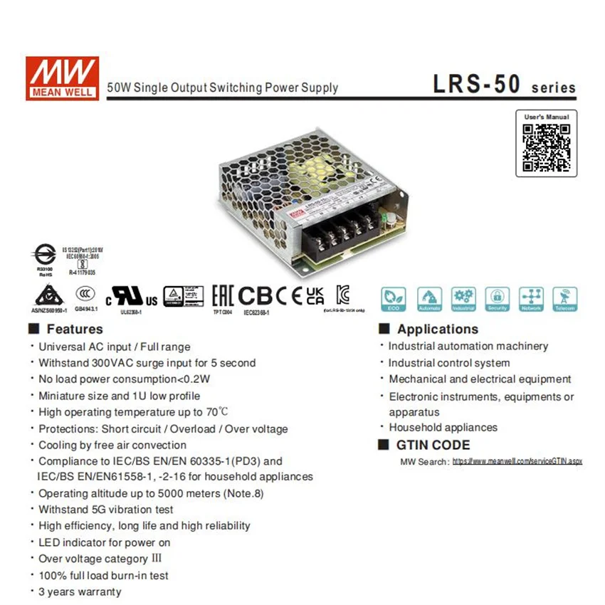 Taiwan Meanwell orginal LRS 5V12V 15W 24V 36V 48V Output Switching Power Supply  50W 75W 100W 150W