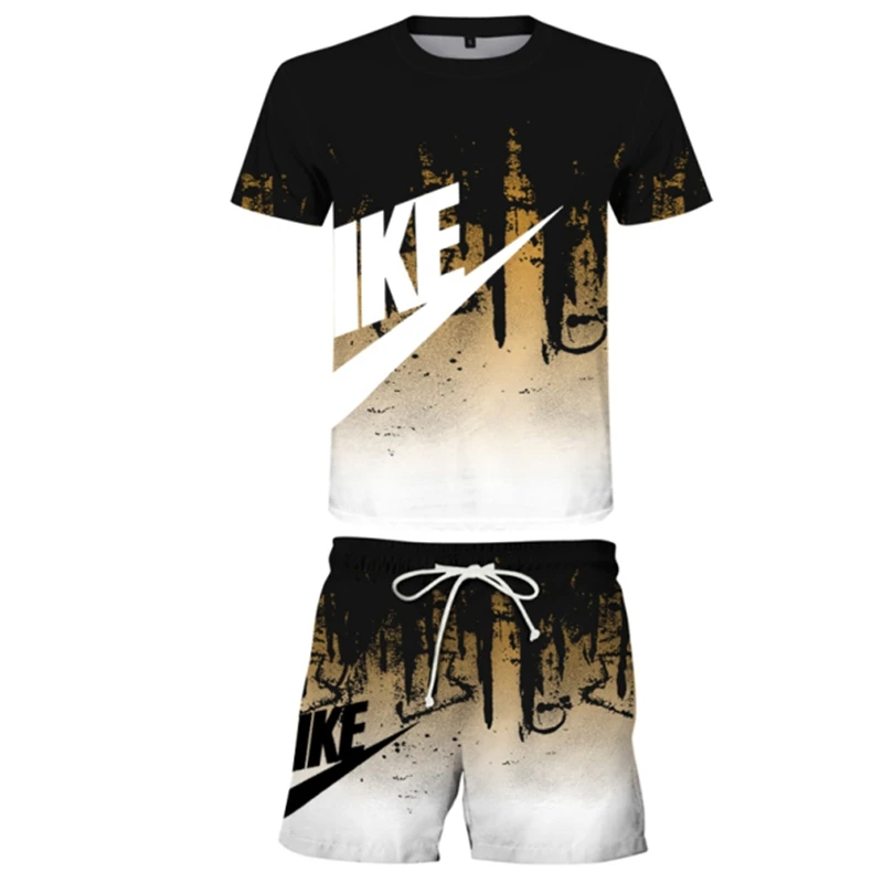 Summer Casual Men's T-shirt + Pants Suit Brand Short Sleeve Set Luxury Printed Cotton Shirts Jogging Sweatpants Male Sportswear
