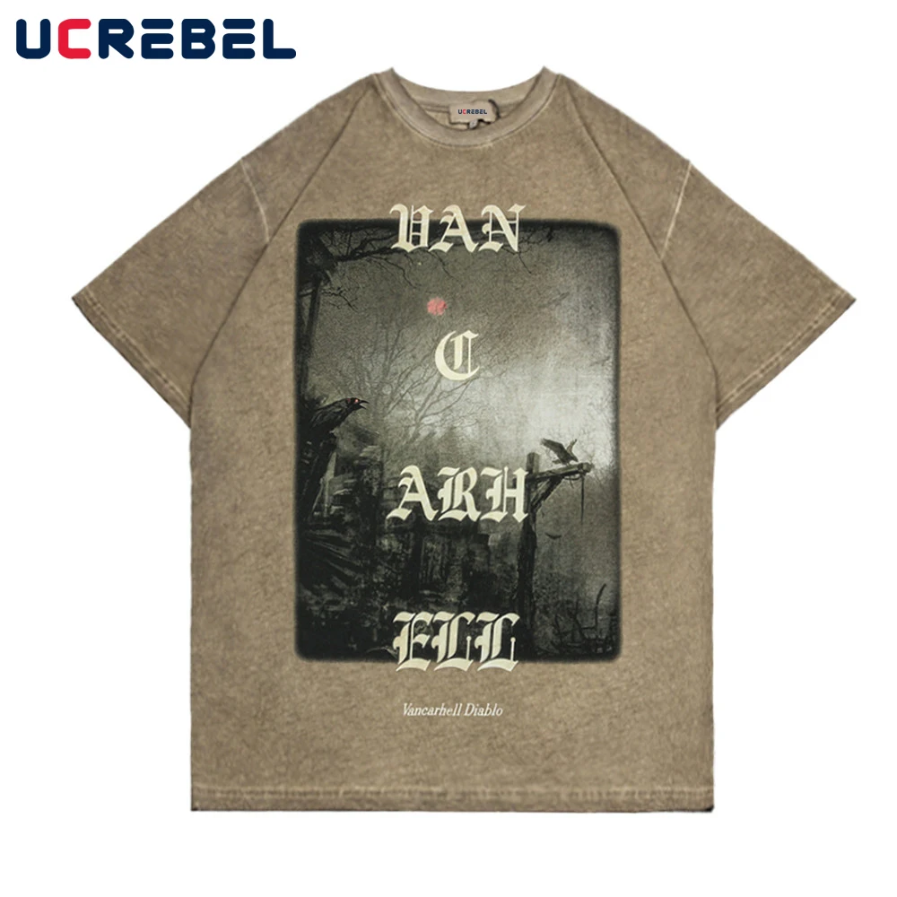 

Landscape Print Short Sleeve T-shirt Mens Streetwear Distressed Crew Neck Half-Sleeve Summer Punk Style Loose Cotton Tee Men