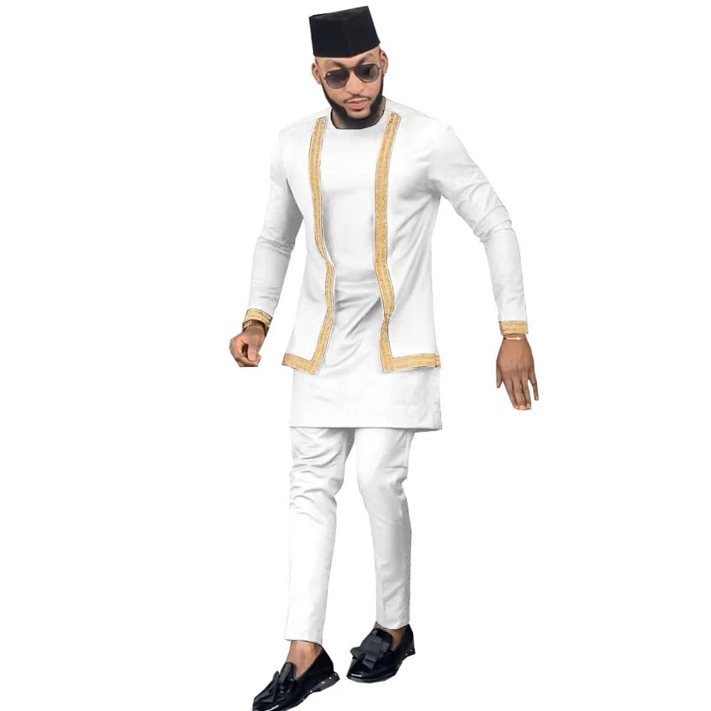 

2022 New Men African Outfit Traditional Long Sleeve Shirt Pants Set Dashiki Embroidered Dashiki Tops Trouser Suit Wedding Party