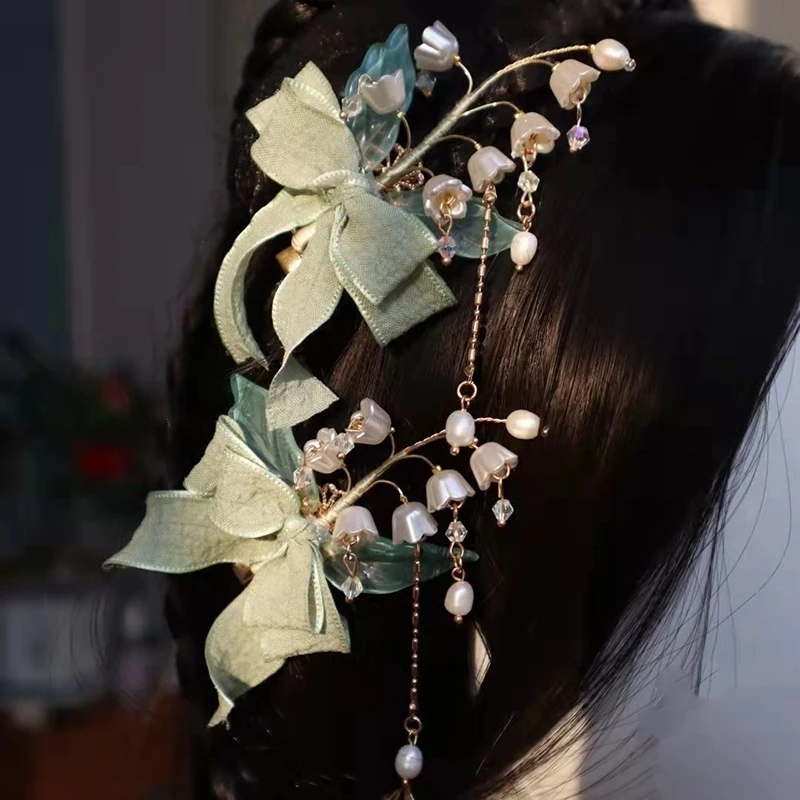 

1 пара Hanfu головной убор Лилия в старинном стиле свежий зеленый бант боковой зажим женские ювелирные изделия аксессуары тиары