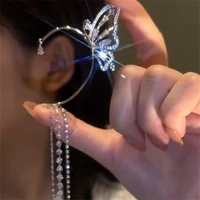 korean tassel floral butterfly ear clips without piercing for women shiny crystal metal ear cuff clip on earrings party jewelry