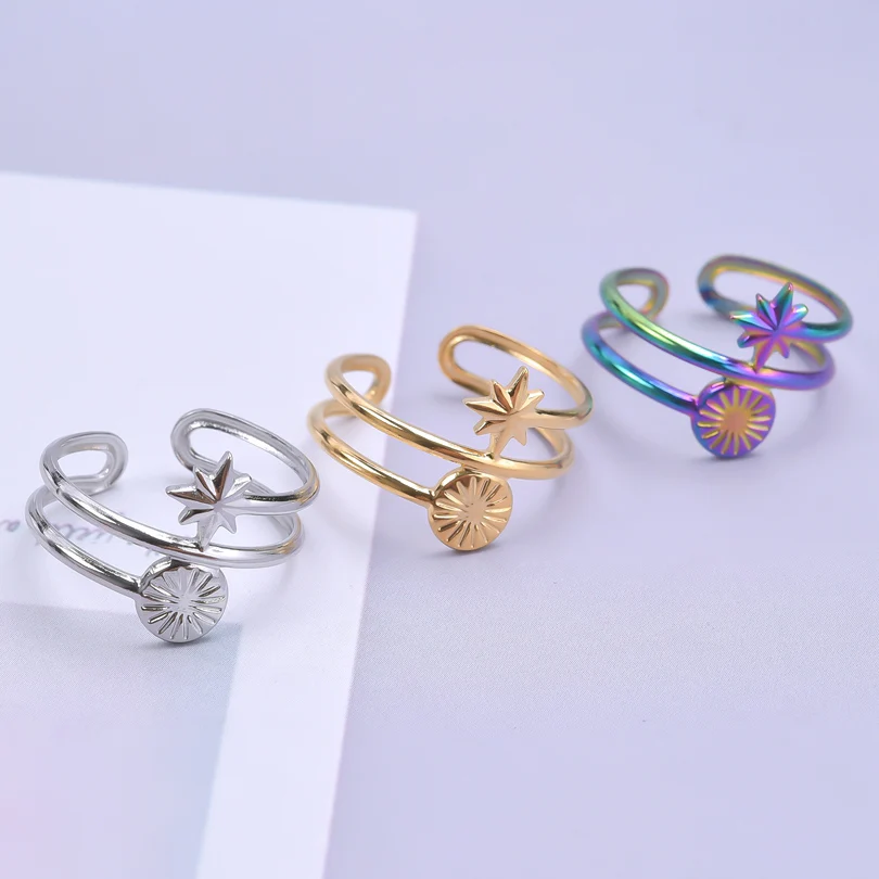 

Stainless Steel Stars Opening Finger Rings Double layer irregularity for Women Trendy Delicate Design Wedding Party Accessories