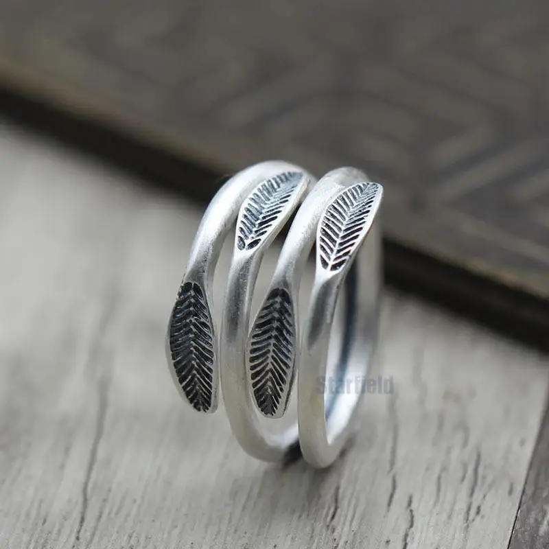 

S990 Sterling Silver Jewelry Personalized Leaves wide-width Ladies Refers Thai Silver Retro Simple Aesthetic Ring