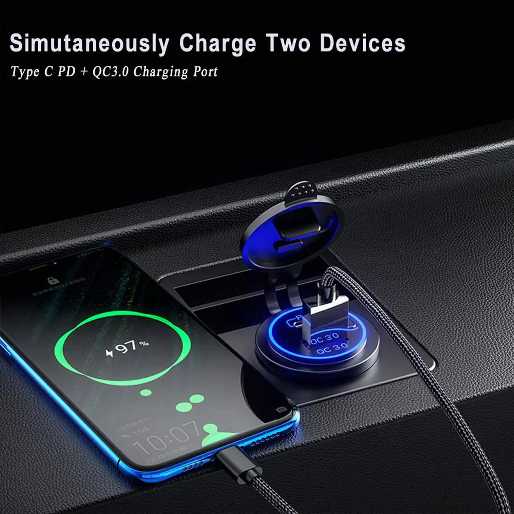 Фото Автомобильная розетка 12В с двумя портами USB Type-C PD и быстрой зарядкой QC 3.0, с выключателем, для мотоциклов, автофургонов и квадроциклов №1