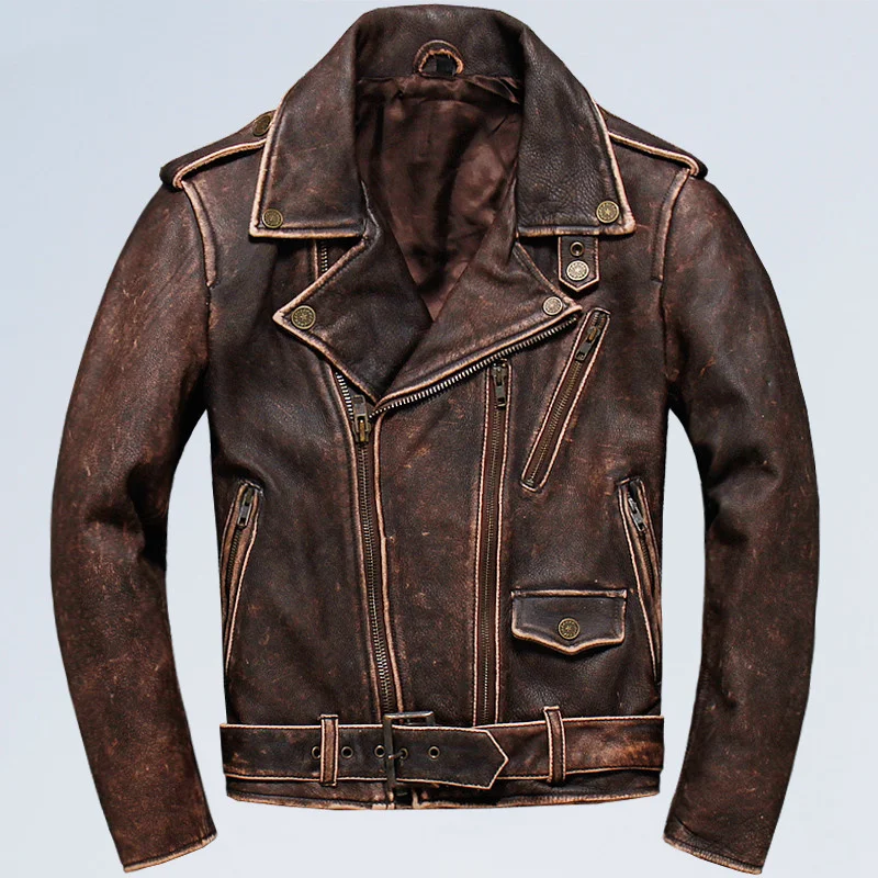 

DHL Free Shipping Men's American Biker Leather Jacket Plus Size 5XL Vintage Brown Genuine Cowhide Vintage Motorcycle Europe Coat