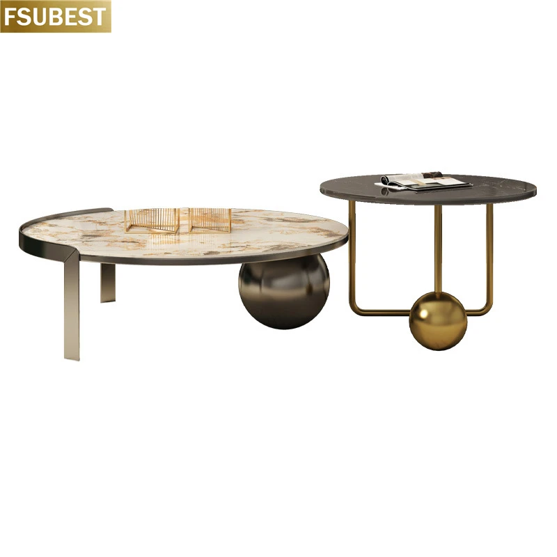 

Modern Furniture 2 Pieces Sets Round Marble Living Room Table Set Metal Silver Gold Luxury Coffee Tables Nesting Coffee Table