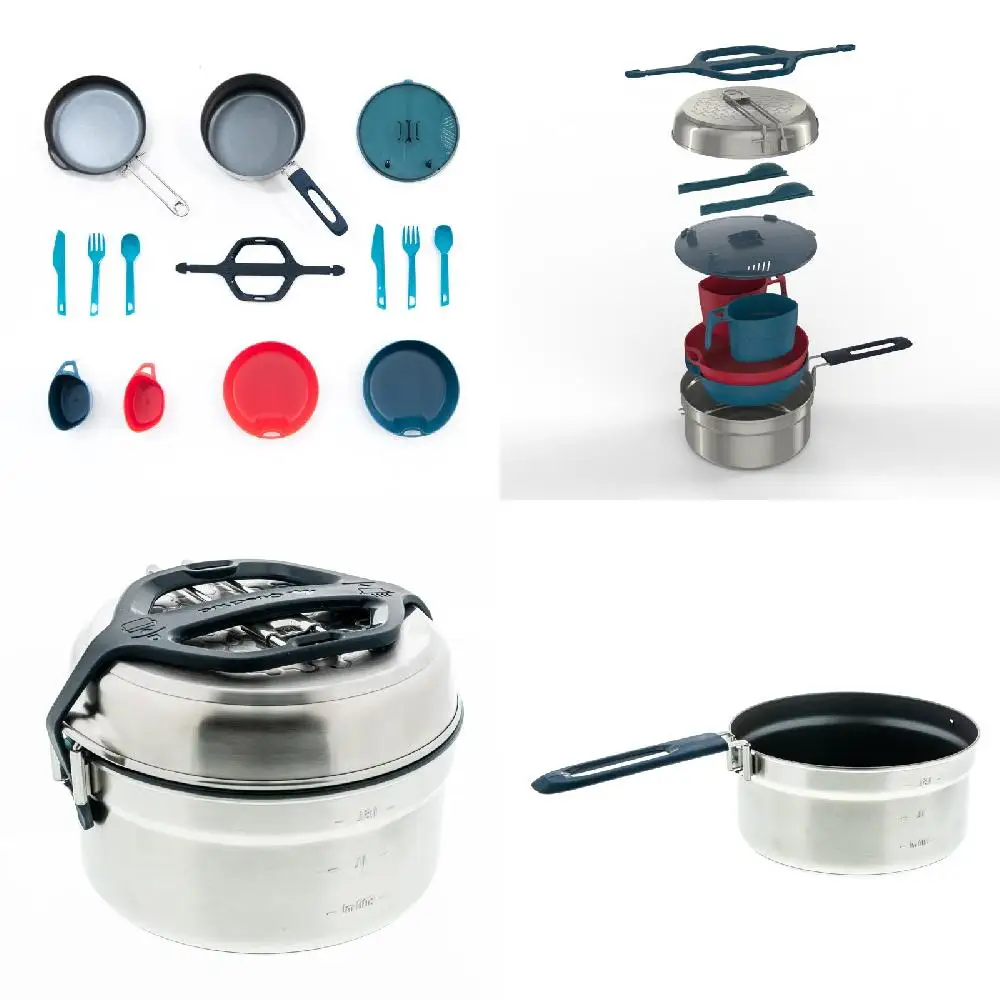 

Stylish Gray 2 Person Non-Stick Stainless Steel Camping Cookware Set - 71 oz Pans & Pots, 14 Pieces Total