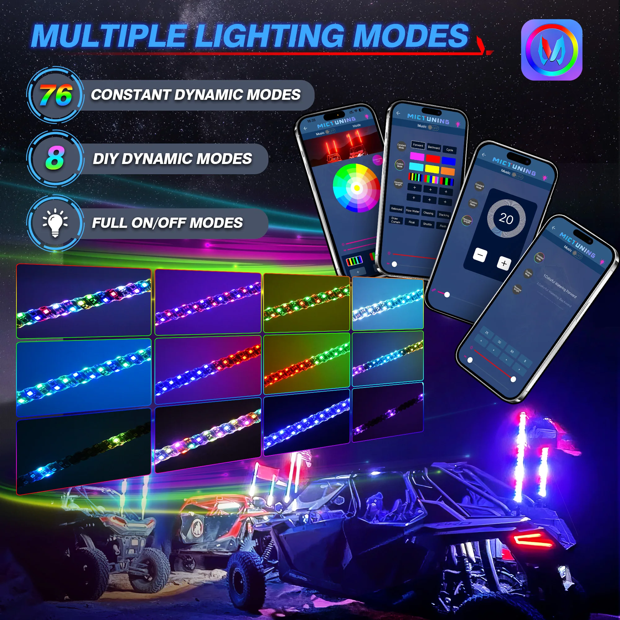 MICTUNING 2 шт. 4 фута светодиодные фонари для управления приложением спиральные