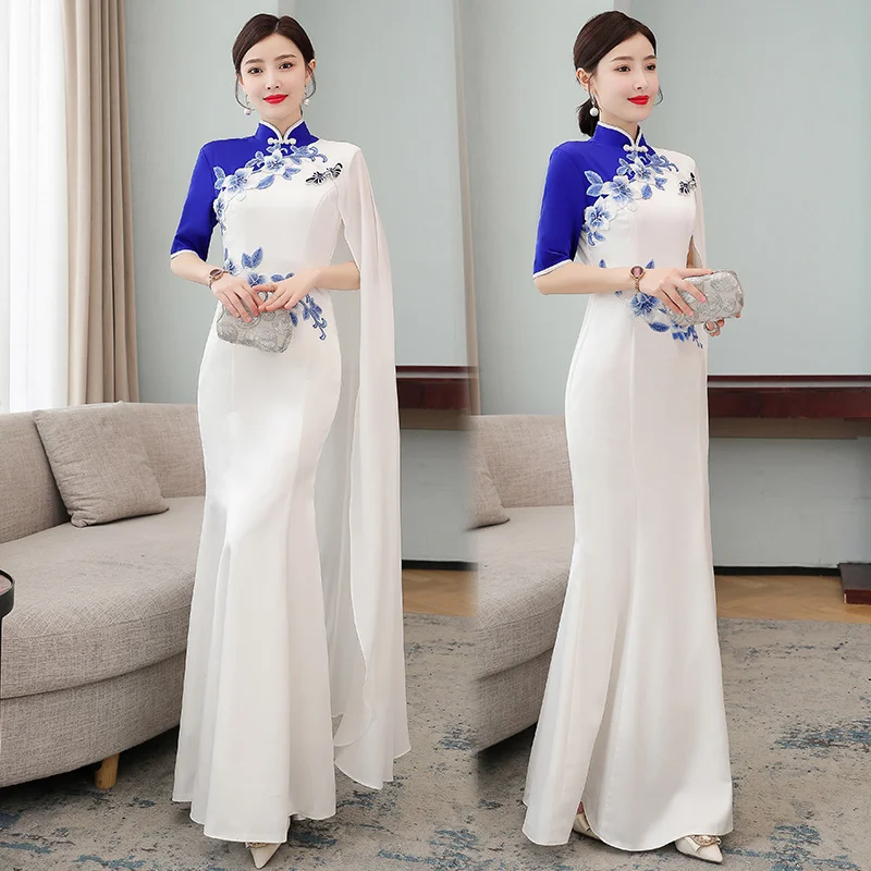 Chiffon Embroidery Banquet Evening Dress Long Slim Qipao Chinese Dress Eleganti Women Cheongsam Vintage Traditional Clothing New