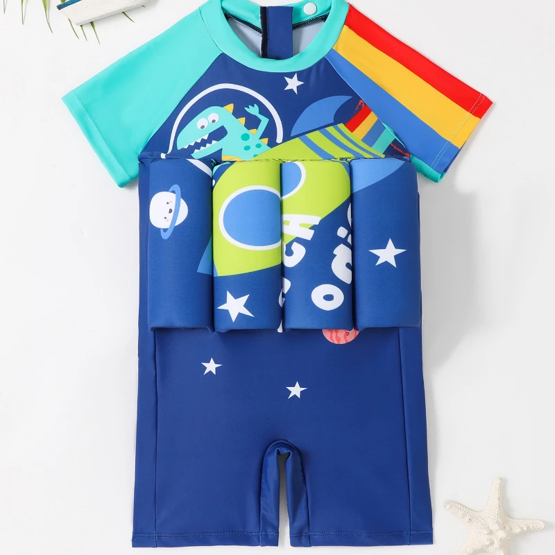 

Kids Boys Swimwear Short-sleeved One-piece Buoyancy Swimsuit Cartoon Rocket Little Dinosaur Printed Pattern Floating Swimsuit