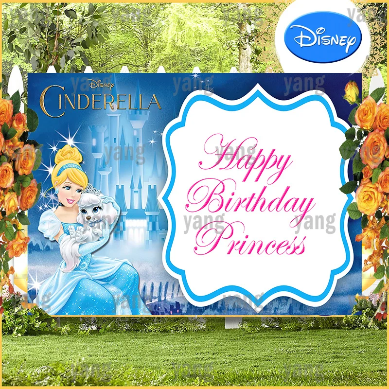 Lovely Disney Girls Princess Cinderella Backdrop Happy Birthday Party  Blue Forest Castle Wedding  Banner Background Baby Shower