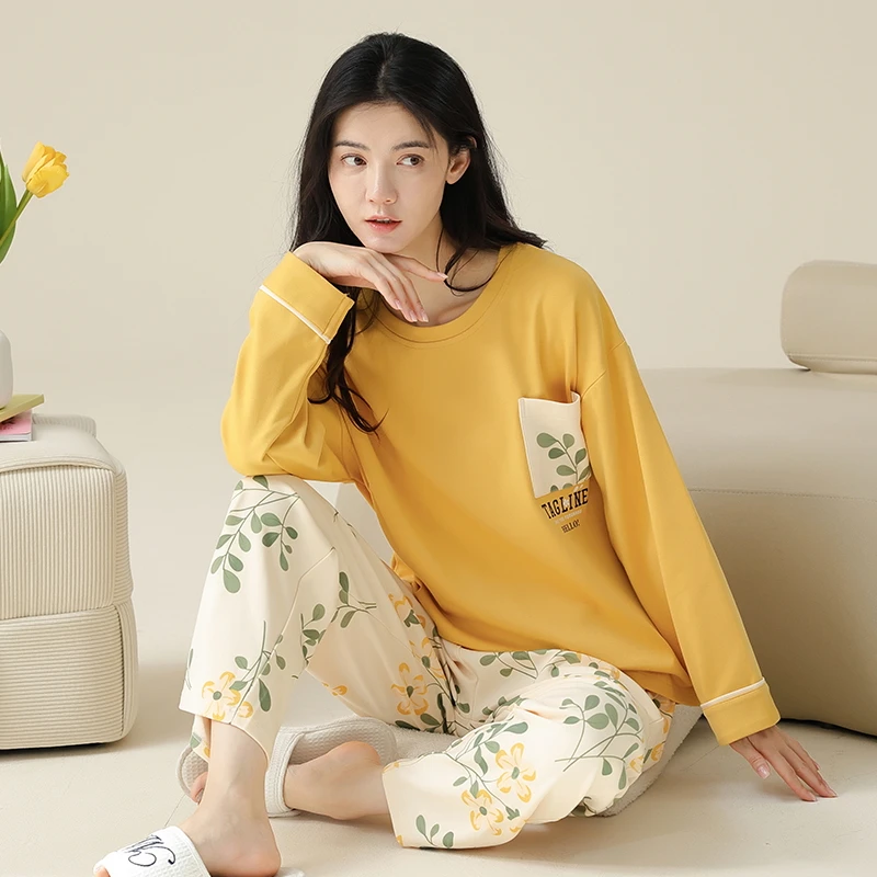 Корейский пижамный комплект женские осенне-весенние длинные брюки с длинными