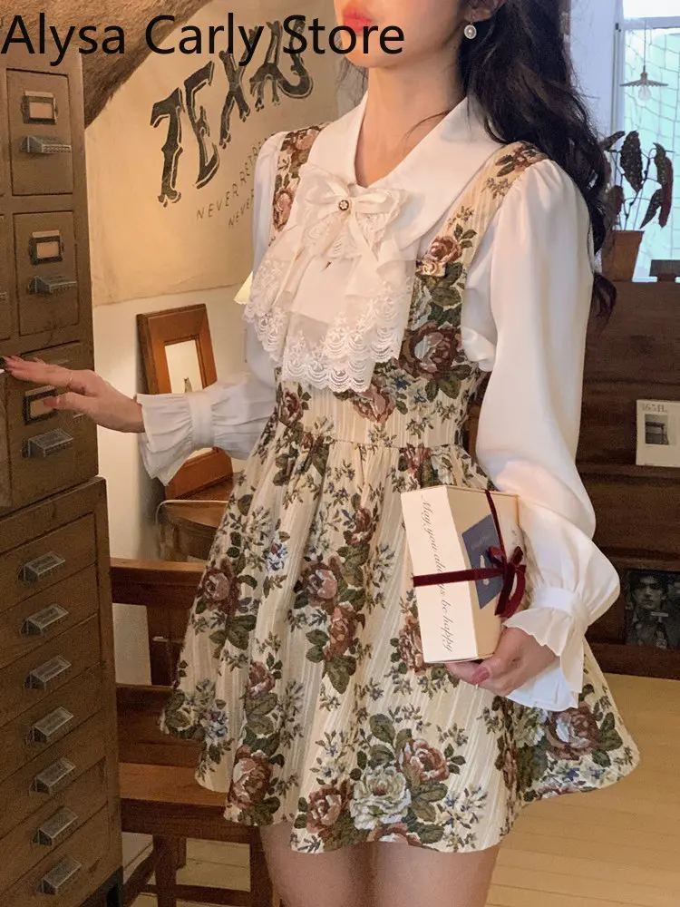 

Vintage Floral Mini Strap Dress Women Sleeveless Sexy Sweet Princess Dress Casual Elegant Women's Dresses for Party 2022 Autumn