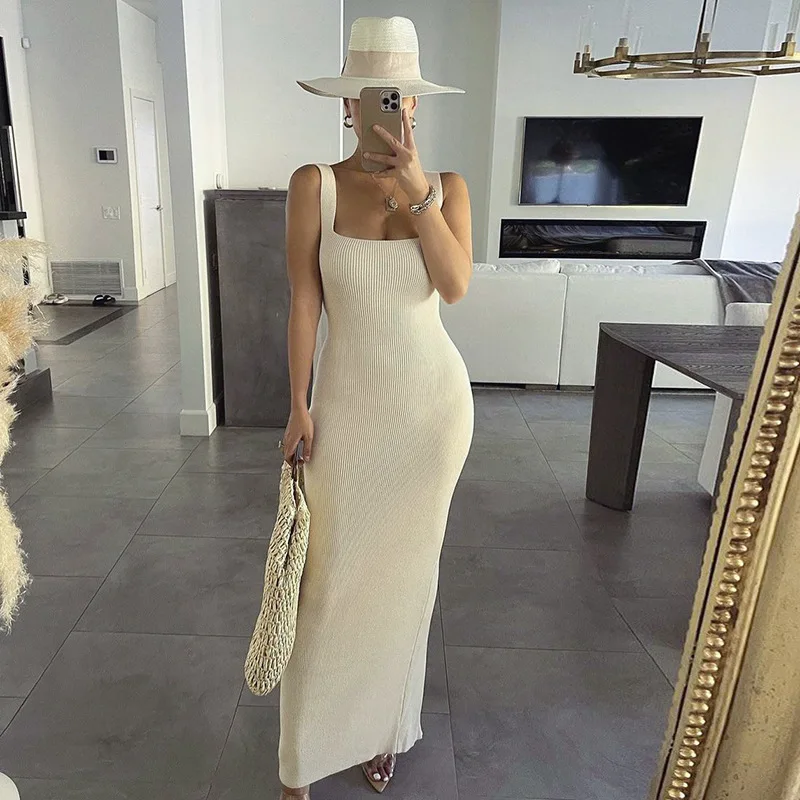 

New Knitted Bodycon Dress Casual Fashion Streetwear Women Summer Y2K Solid O-neck Sleeveless Maxi Dresses