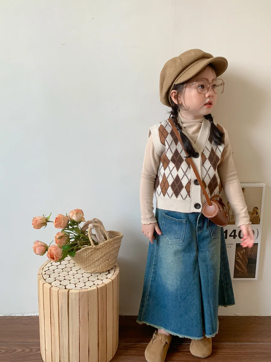 

Autumn New Children Sleeveless Vest Jacket Baby Boy Girl Rhombus Plaid Knitted Sweater Cardigan Casual Knitwear Kids Clothes
