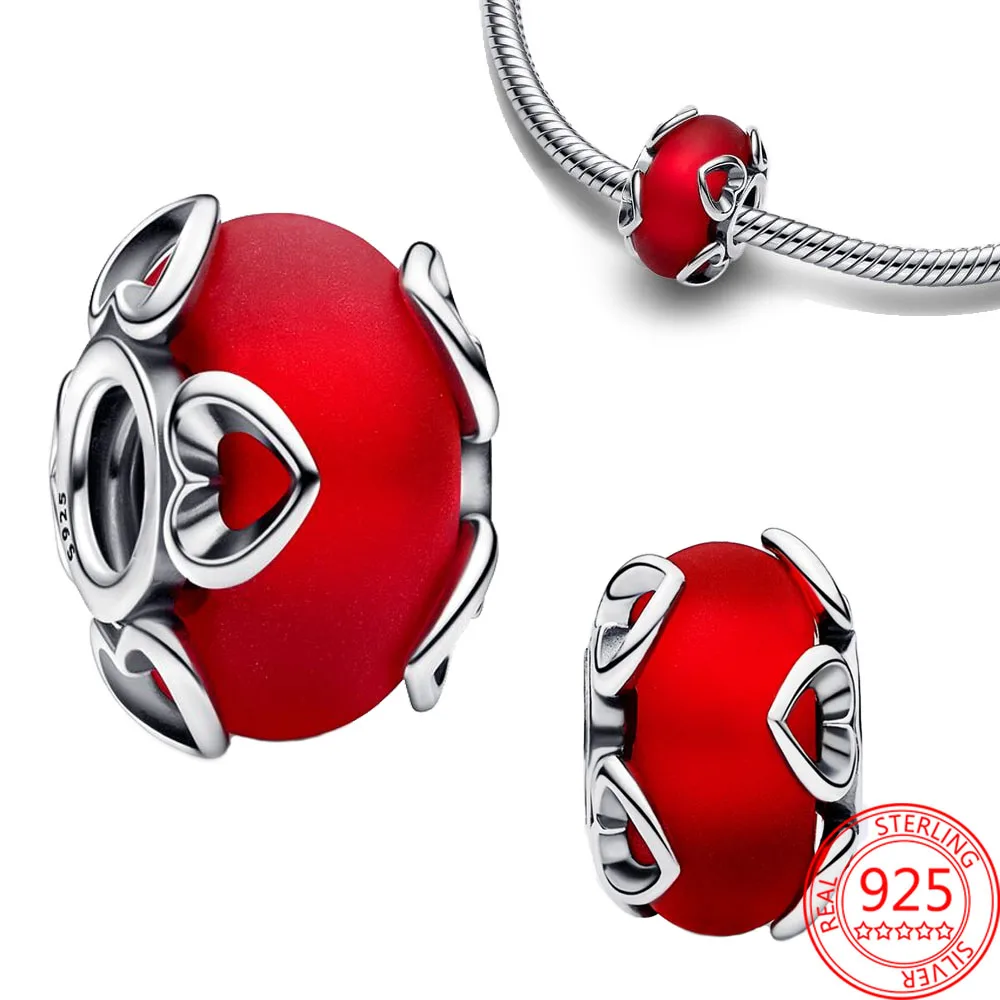 

Authentic S925 Silver Frosted Red Murano Glass ; Hearts Charm Fit Pandora Bracelet & Bangle DIY Women Jewelry Gift Making