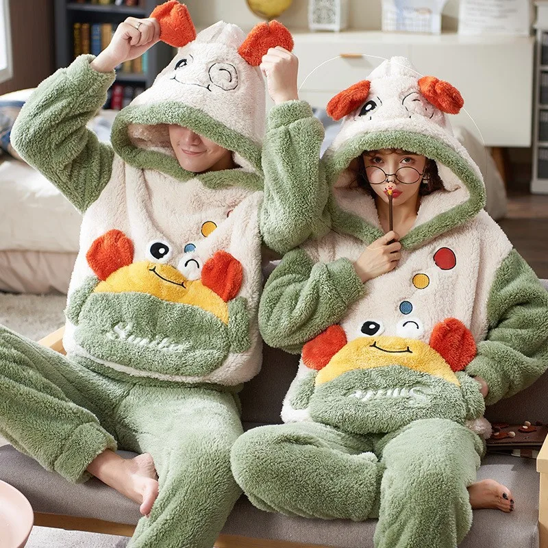 Couple pajamas Women's winter thick plush coral velvet cute dinosaur autumn and winter men's flannel pajamas