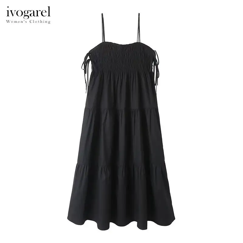 

Ivogarel Black Poplin Dress with Bows Women's Chic Elegant Evening Midi Dress Straight-Cut Neckline Double Straps Panelled Hem