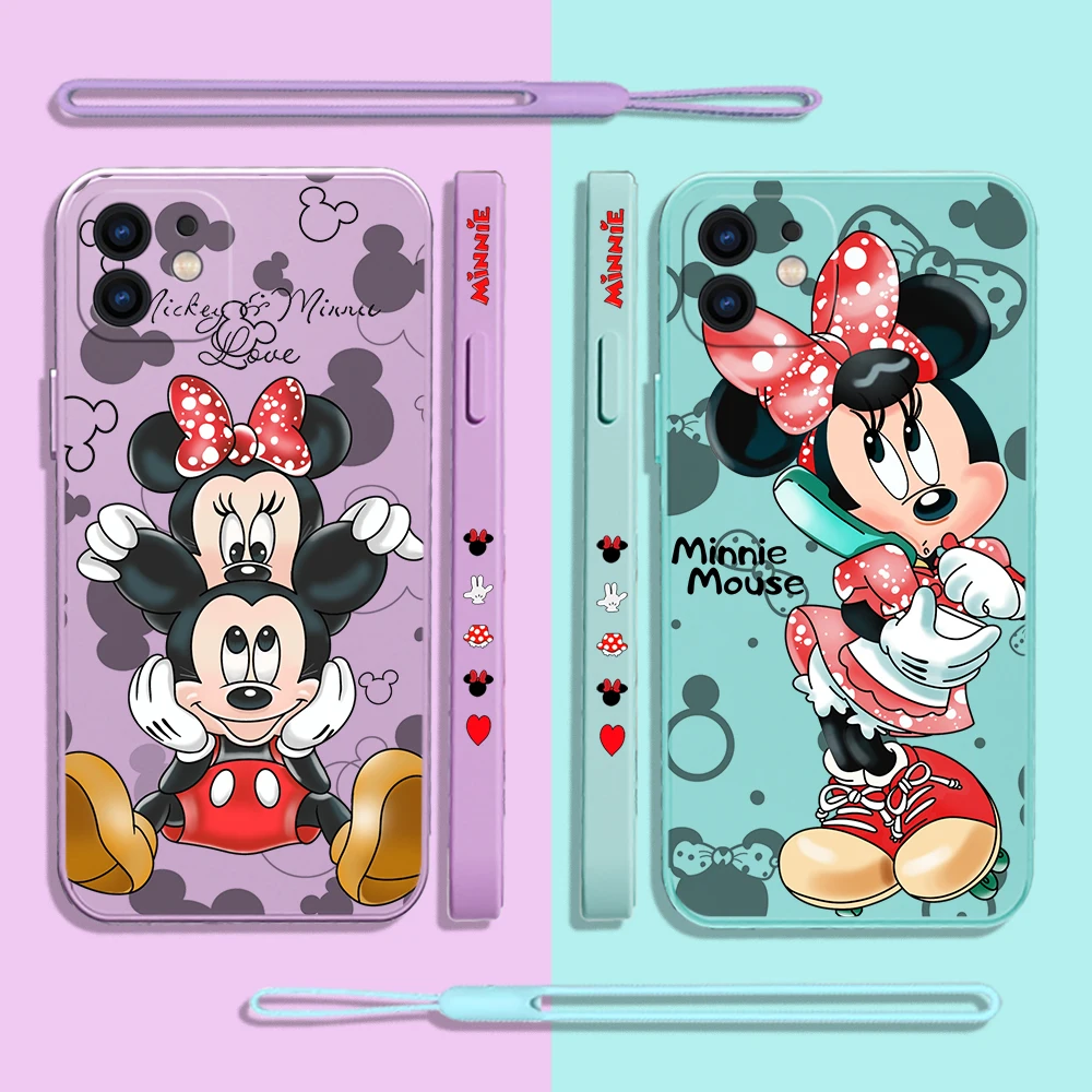 

Cute Mickey Minnie Disney Phone Case For iPhone 14 13 12 11 Pro Max Mini X XR XS MAX 8 7 Plus Silicone Cases with Hand Strap