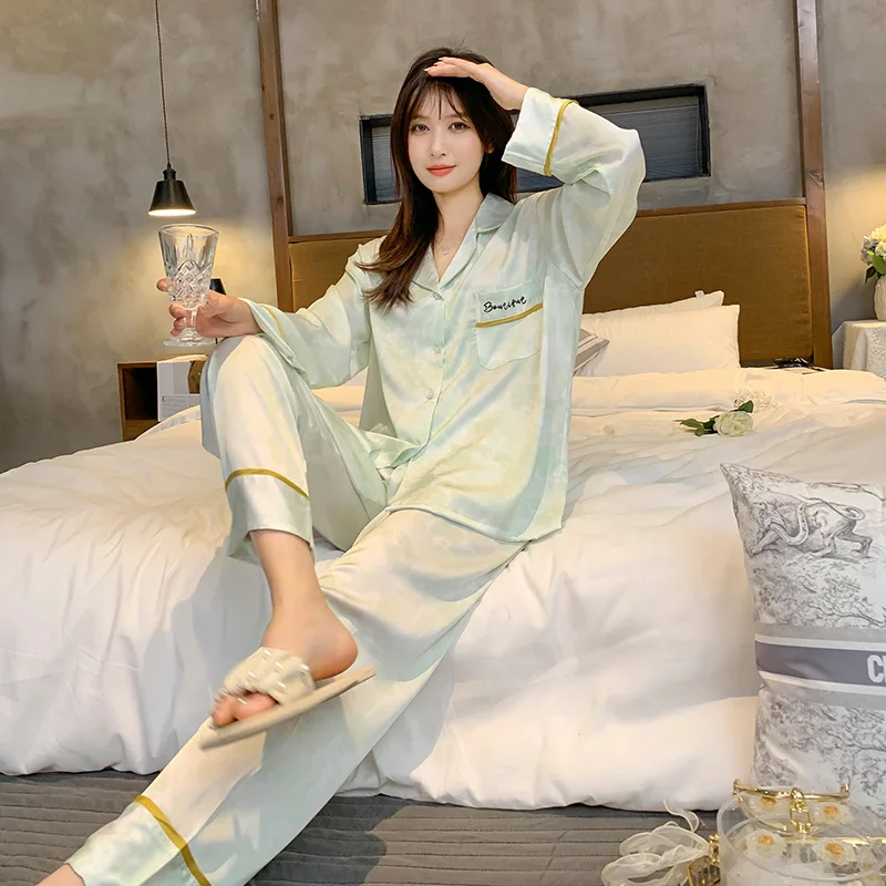 Ice Silk Pajamas Women's Summer High-end Solid Color Satin Thin Loose Long-sleeved Trousers Home Service