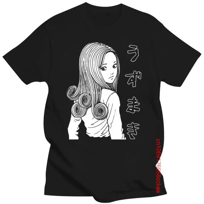 

Mens Clothing 100% Cotton Short Sleeve Uzumaki Kirie Goshima Black Shirt Uzumaki Junji Ito Japanese Horror Manga Men T-Shirt